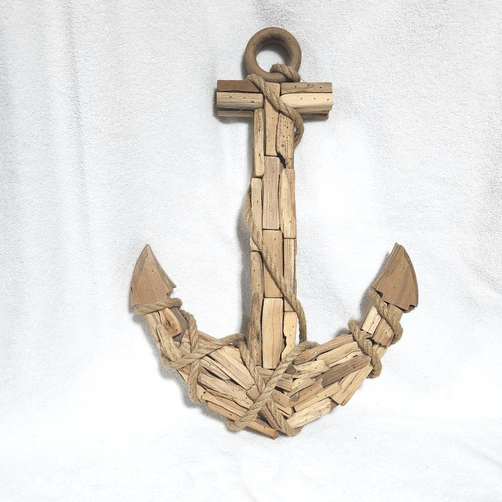 Wooden Handmade Driftwood Anchor Wall Decor with Rope Acc 15.5" x 22.5"